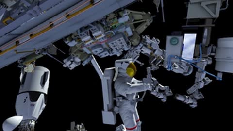 Astronaut working near robotic arm component