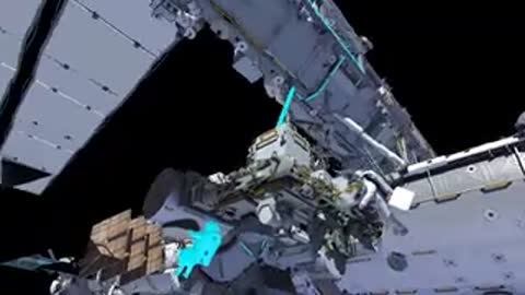 Wide shot of ISS with highlighted trajectories