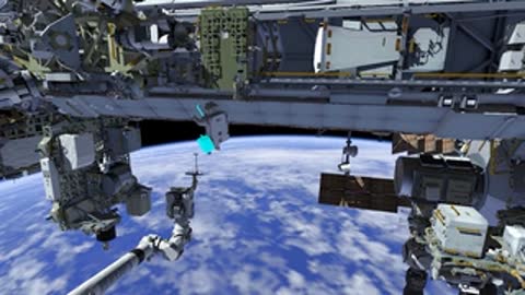 ISS exterior animation featuring robotic arm operations in orbit.