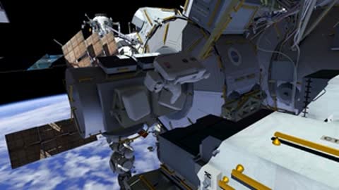Close-up animation of ISS hardware with highlighted blue components.