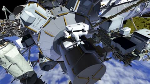 Astronaut maneuvering near station structure with blue-highlighted equipment.