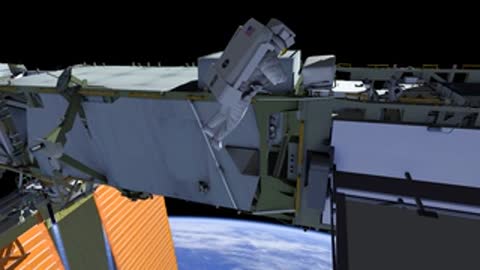 Highlighted equipment module on ISS exterior during maintenance.