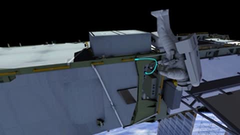 Astronaut moving along structural rail of the space station.