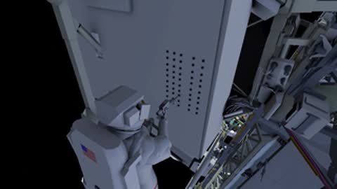 Astronaut interacting with panel vents on the ISS exterior.
