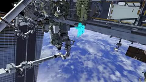 Detailed view of robotic arm operating near station structure.