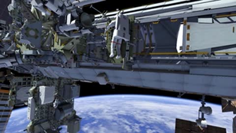 Astronaut working near green-accented truss section.