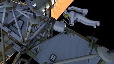 Astronaut working near mounted equipment box on truss.