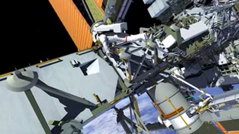 Astronaut navigating through complex station truss assembly.