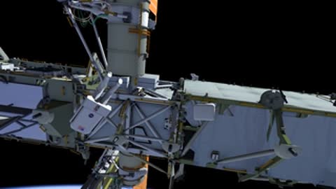 Astronaut and highlighted module on space station exterior.