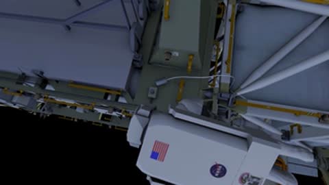 Animation of an astronaut outside the International Space Station against the blackness of space.