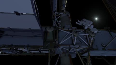 Animation showing an astronaut moving along the exterior of the International Space Station.