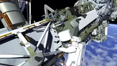 Animation showing an astronaut working on the exterior structure of the International Space Station.
