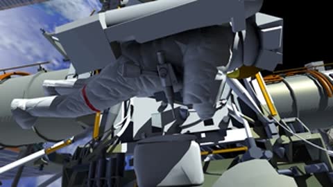 Close-up animation of an astronaut using tools on the International Space Station exterior.