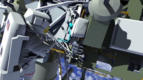Close-up animation of an astronaut connecting equipment on the International Space Station.
