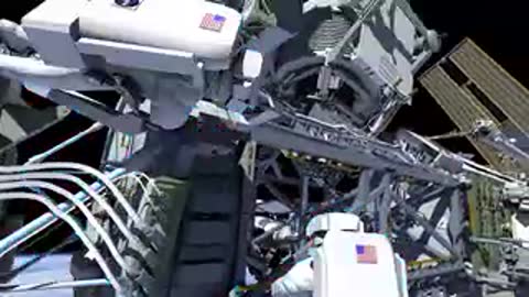 Animation of astronauts navigating the complex framework of the International Space Station.