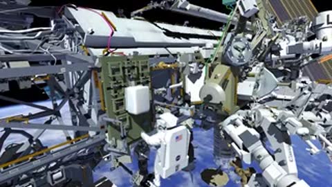 Animation showing astronauts working inside the module structure of the International Space Station.