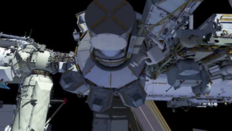 Animation showing a docking port and structural modules of the International Space Station.