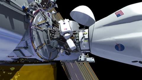 Astronaut maneuvering near spacecraft hatch