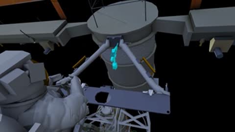Astronaut handling cables near cylindrical module