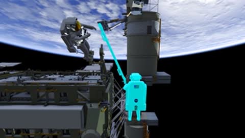 Two astronauts working on vertical truss structure