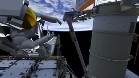 Astronaut removing tool from storage rack