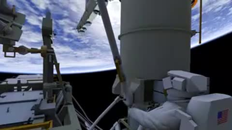 Astronaut moving towards cylindrical tower module