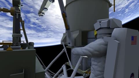 Profile view of astronaut secured to handrail