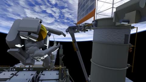 Two astronauts collaborating near antenna mast