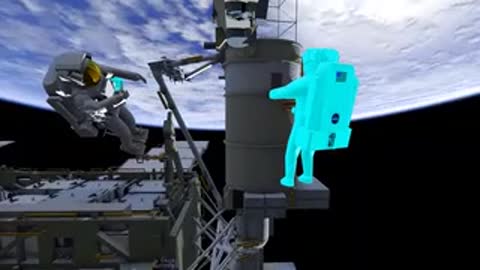 One astronaut stationary while another approaches