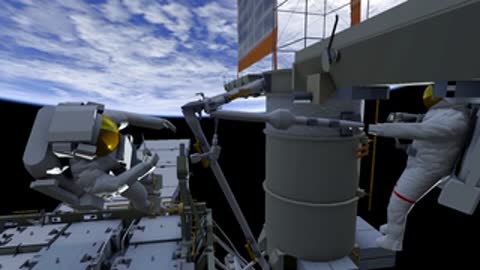 Astronaut passing tool across workspace interval