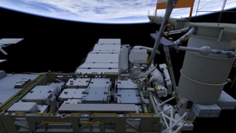 Wide angle of two astronauts on complex truss