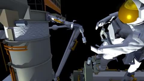 An astronaut moves along the exterior truss structure of the space station.