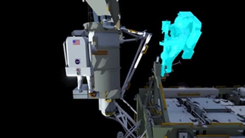 An astronaut maneuvers near a large cylindrical module in orbit.