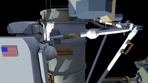 An astronaut works closely with equipment panels on the space station structure.