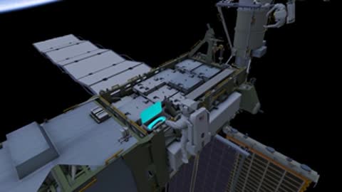 View of the station's solar array wings spanning across the blackness of space.