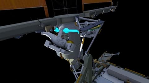 An astronaut stands on a foot restraint platform attached to the station exterior.