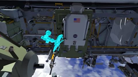 An astronaut works near a large structural hatch and mounted hardware panels.