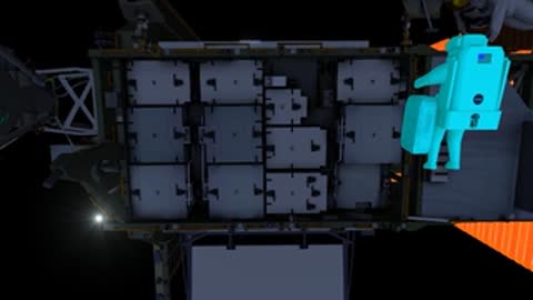 An astronaut transports equipment along the exterior of the space station module.