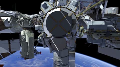 An astronaut works near structural docking mechanisms on the station exterior.