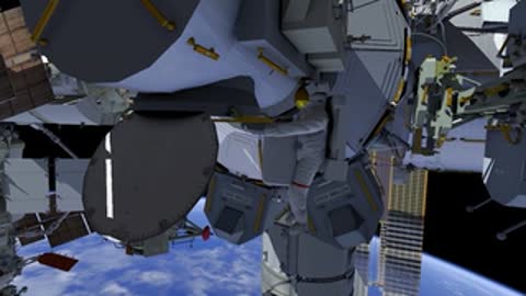 An astronaut performs tasks near a circular docking port hatch interface.