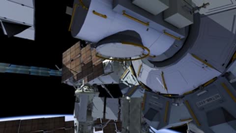 An astronaut adjusts equipment panels near a cylindrical docking port area.