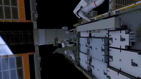 Astronaut adjusting mechanical arm attachment point