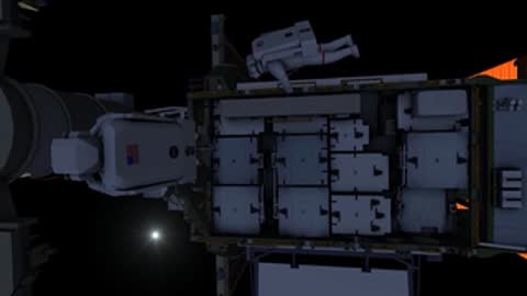 Wide shot of astronaut near extended robotic arm