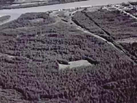 Aerial view of forested area with a clearing and a road