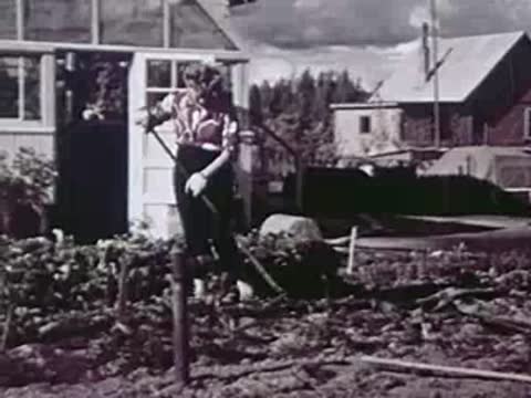 Woman gardening with a hoe in front of a rural wooden house