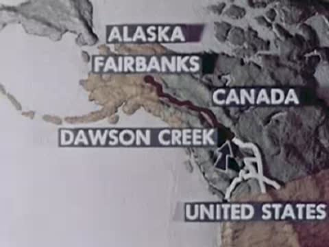 An animated map highlighting Alaska, Canada, the United States, Fairbanks, and Dawson Creek.