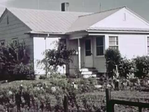 A single-story white house with a metal roof and a fenced yard with bushes and flowers.