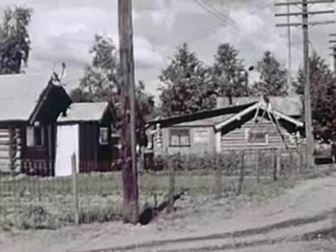 A small log cabin stands behind a wooden fence with utility poles along a dirt road.