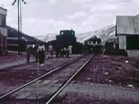 People stand near railway tracks with train cars and distant mountains in the background.