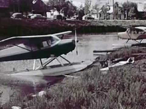 Floatplane moored at the riverbank with vegetation and nearby boats